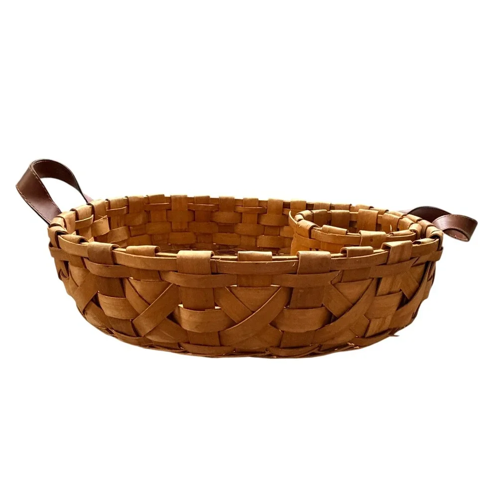 Handcrafted Woven Wood Chip and Dip Basket Oval Serving Tray Leather Handles